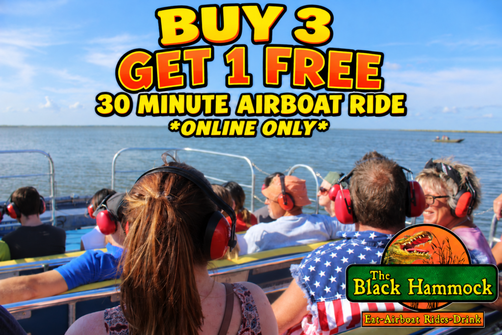 group enjoying airboat ride with "buy 3 get 1 free 30 minute airboat rides *online only* written on top