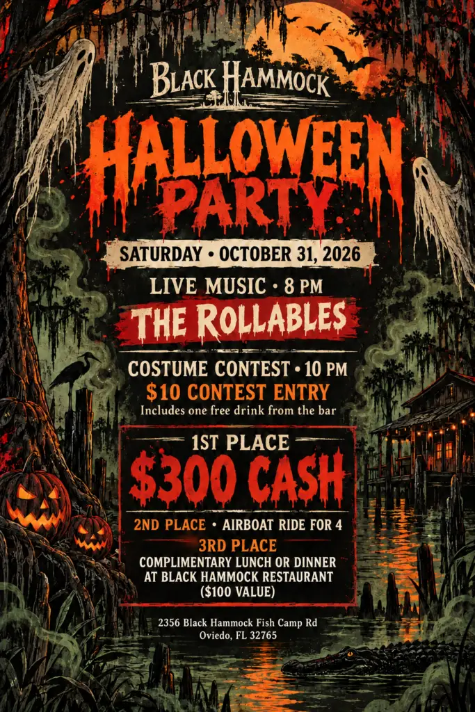 Black Hammock Halloween party flyer for October 31, 2026, featuring The Rollables at 8 PM and a costume contest at 10 PM.